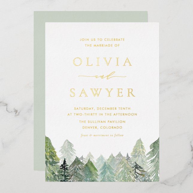 Invitación Con Relieve Metalizado Boda de Invierno de la Selva Nevada Evergreen (Anverso/Reverso)