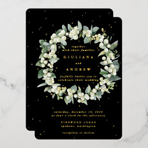 Invitación Con Relieve Metalizado Boda de invierno de nevadas negras + eucalipto