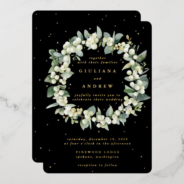 Invitación Con Relieve Metalizado Boda de invierno de nevadas negras + eucalipto (Anverso/Reverso)