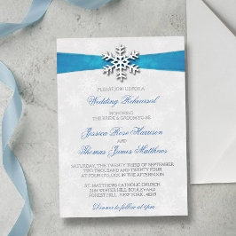 Invitación Con Relieve Metalizado Boda de Invierno Diamante Snowflake & Blue Ribbon