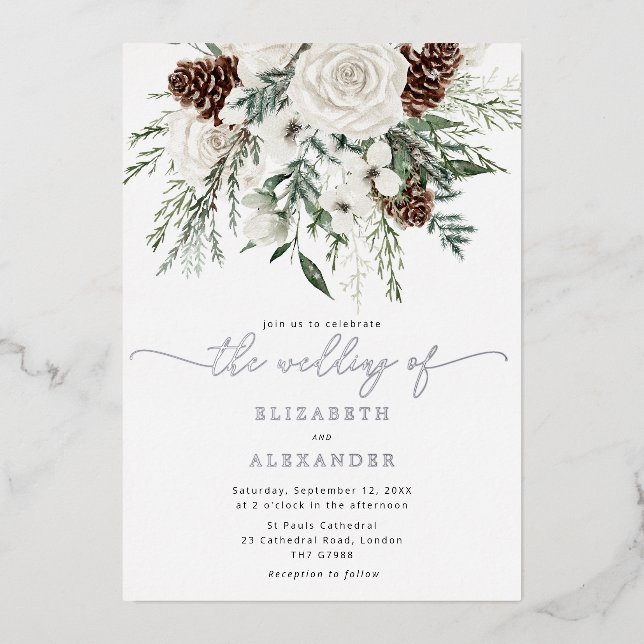 Invitación Con Relieve Metalizado Boda de invierno elegante en evergreen (Anverso)