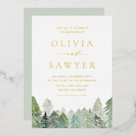 Invitación Con Relieve Metalizado Boda de invierno en bosque de hoja perenne nevado 