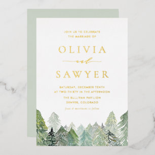 Invitación Con Relieve Metalizado Boda de invierno en bosque de hoja perenne nevado