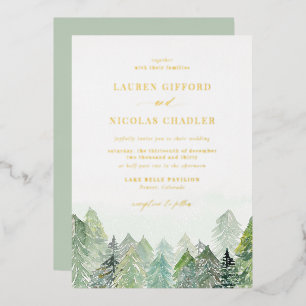 Invitación Con Relieve Metalizado Boda de invierno en bosque nevado con acuarela