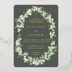 Invitación Con Relieve Metalizado Boda de invierno Gray Green Snowberry+Eucalyptus