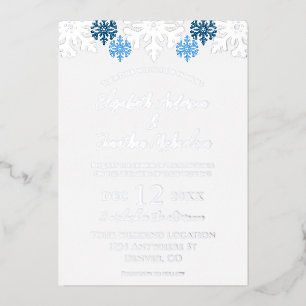 Invitación Con Relieve Metalizado Boda de Invierno Silver Blue Snowflakes