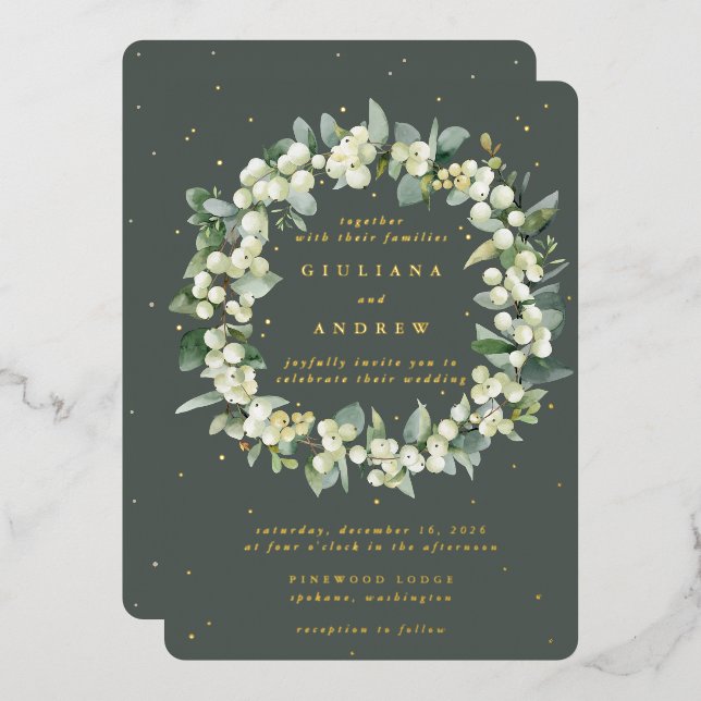 Invitación Con Relieve Metalizado Boda de invierno verde de nieve + eucalipto (Anverso/Reverso)
