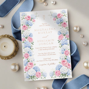 Invitación Con Relieve Metalizado Boda de Jardín Floral de Hortensia Azul y Rosa