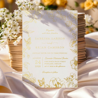 Invitación Con Relieve Metalizado Boda de jardín floral dorado con caligrafía elegan