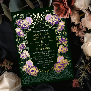 Invitación Con Relieve Metalizado Boda de jardín floral encantado verde púrpura