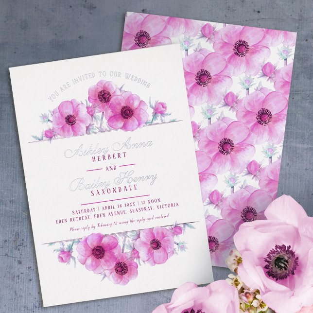 Invitación Con Relieve Metalizado Boda de la acuarela floral de anémona blanca rosa (Subido por el creador)