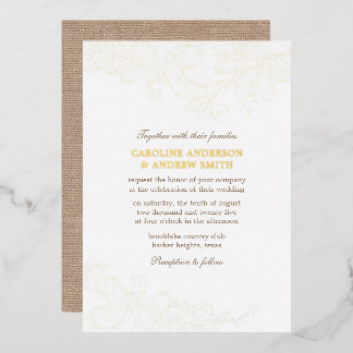 Invitación Con Relieve Metalizado Boda de la Burlap y Glam Rústico del Encanto de Or