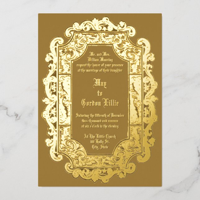 Invitación Con Relieve Metalizado Boda de la frontera de desplazamiento de la era vi (Anverso)