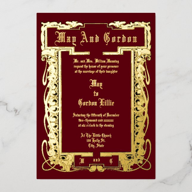 Invitación Con Relieve Metalizado Boda de la frontera floral Art Nouveau de 1902 (Anverso)