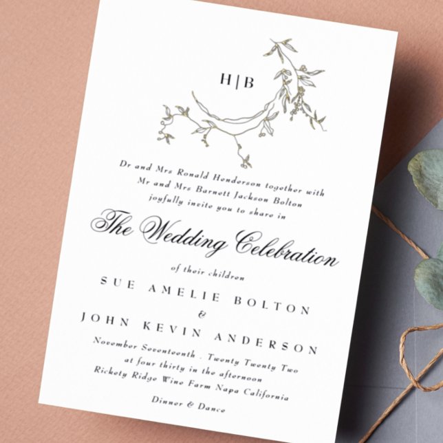 Invitación Con Relieve Metalizado Boda de la guirnalda de oro monograma clásico (Subido por el creador)