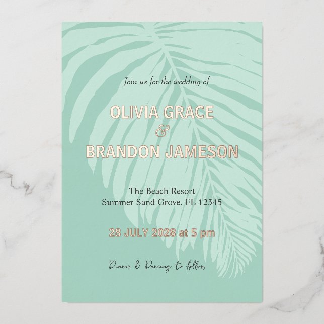 Invitación Con Relieve Metalizado Boda de la hoja de la palma tropical (Anverso)