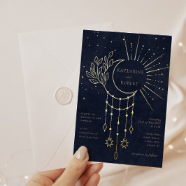 Invitación Con Relieve Metalizado Boda de la Luna de las Estrellas de Oro Celestiale