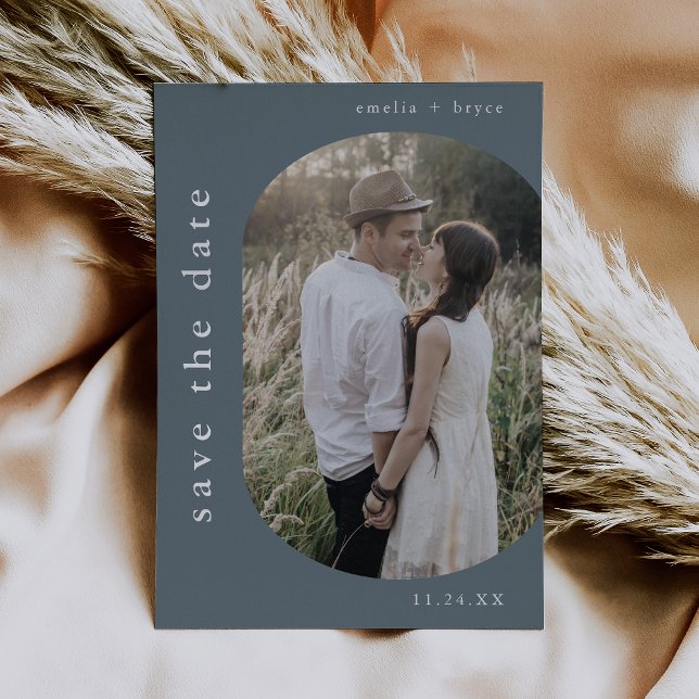 Invitación Con Relieve Metalizado Boda de la Marina de Relieve metalizado plateado d (EMELIA Silver Foil Navy Boho Wedding Save the Date Foil Invitation)