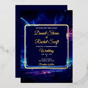 Invitación Con Relieve Metalizado Boda de la Unión Celestial de Nebulosa Azul Cósmic