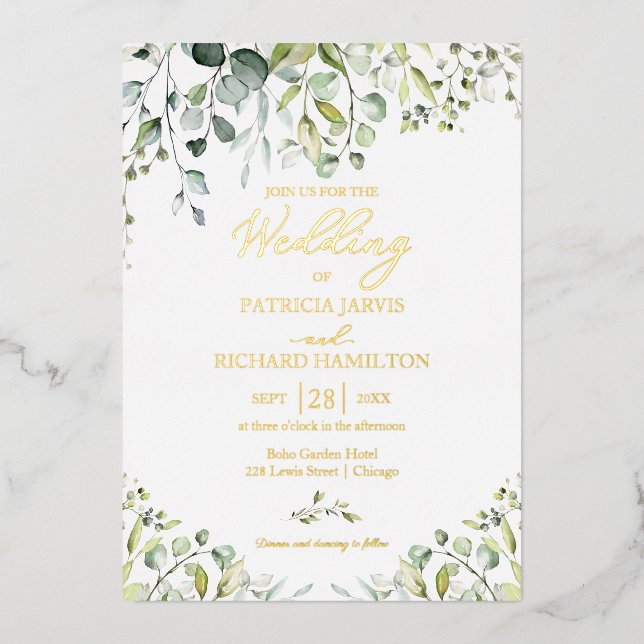 Invitación Con Relieve Metalizado Boda de la vegetación Eucalyptus acuarela (Anverso)