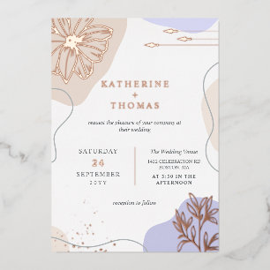 Invitación Con Relieve Metalizado Boda de lavanda y lino con flora y verdor