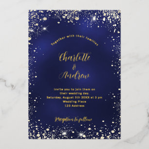 Invitación Con Relieve Metalizado Boda de lentejuelas doradas azul marino