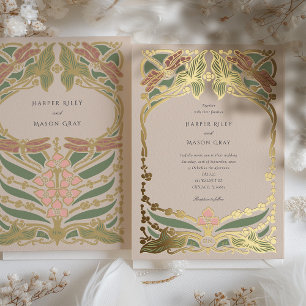 Invitación Con Relieve Metalizado Boda de Libélula Art Nouveau con Pastel Suave