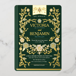Invitación Con Relieve Metalizado Boda de Libro de Biblioteca Antiguo