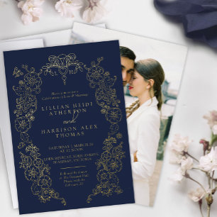 Invitación Con Relieve Metalizado Boda de lis de primavera azul oscuro dorado