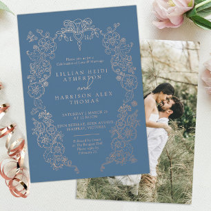 Invitación Con Relieve Metalizado Boda de lis de primavera gris azul