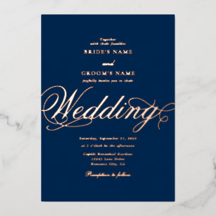 Invitación Con Relieve Metalizado Boda de lujo azul y oro rosa real de clase alta
