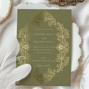 Invitación Con Relieve Metalizado Boda de lujo Barroco en verde salvia y oro