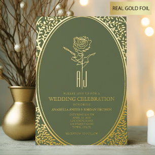 Invitación Con Relieve Metalizado Boda de Lujo Barroco en Verde y Dorado
