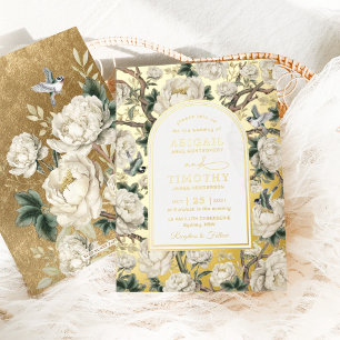 Invitación Con Relieve Metalizado Boda de lujo chinoiserie floral aves marfil