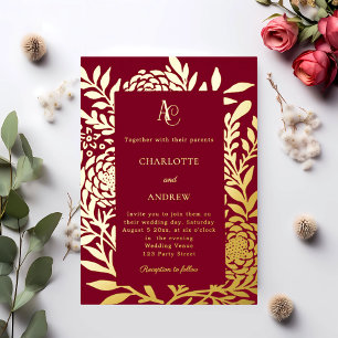 Invitación Con Relieve Metalizado Boda de lujo con monograma botánico en oro de Borg