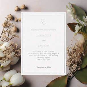 Invitación Con Relieve Metalizado Boda de lujo con monograma moderno de plata