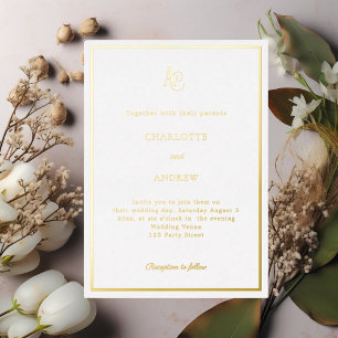 Invitación Con Relieve Metalizado Boda de lujo con monograma moderno en oro blanco