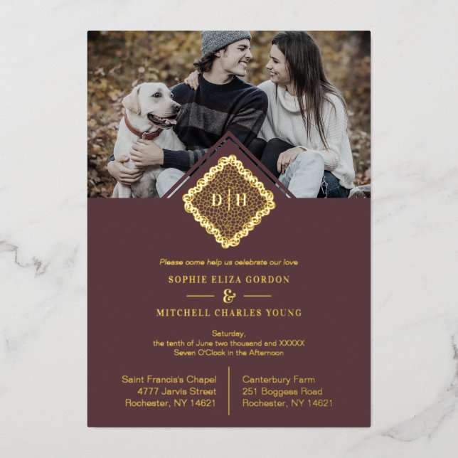 Invitación Con Relieve Metalizado Boda de lujo Iniciales Efecto de encaje ornamental (Anverso)