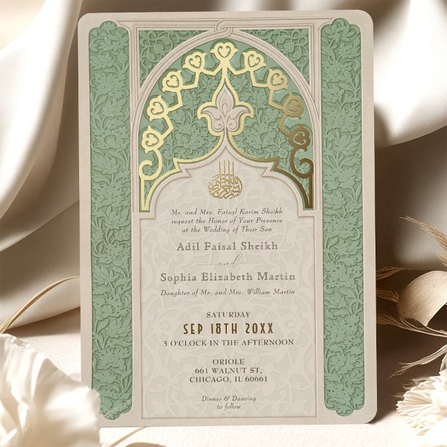 Invitación Con Relieve Metalizado Boda de lujo islámico Lace Sage Green (Subido por el creador)