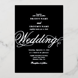 Invitación Con Relieve Metalizado Boda de lujo negra con auténtico papel de plata