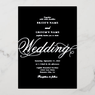 Invitación Con Relieve Metalizado Boda de lujo negra con auténtico papel de plata