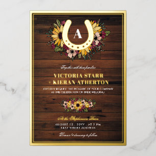 Invitación Con Relieve Metalizado Boda de Madera de Girasoles con Monograma de Herra