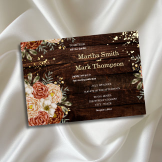 Invitación Con Relieve Metalizado Boda de madera rústica terracota floral boho