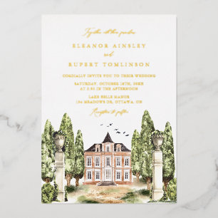 Invitación Con Relieve Metalizado Boda de Mansión Inglesa con Acuarela Vintage