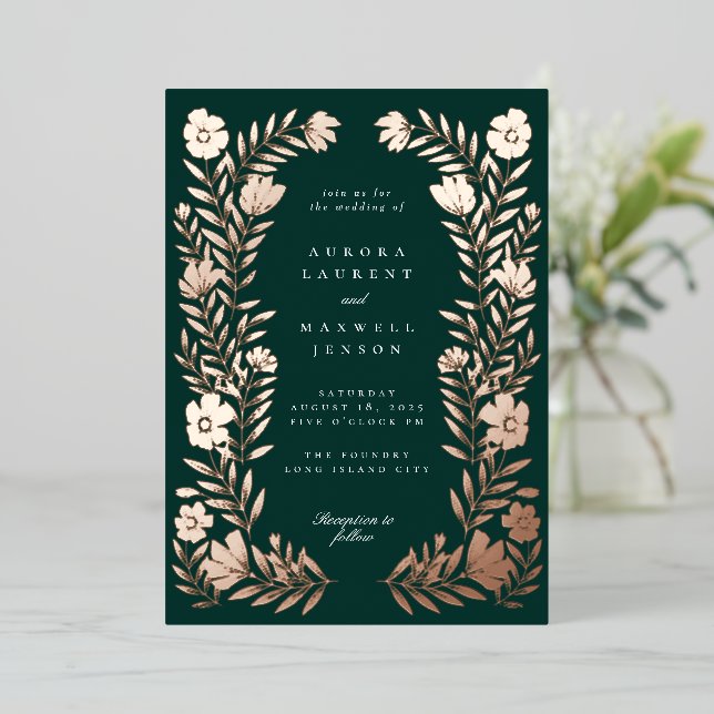 Invitación Con Relieve Metalizado Boda de marco botánico folclórico (Anverso de pie)