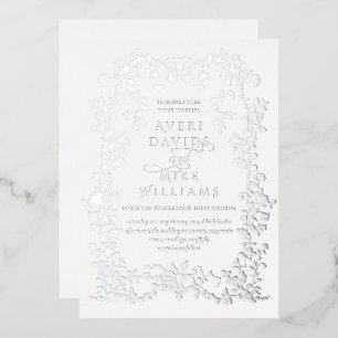 Invitación Con Relieve Metalizado Boda de marco de flores de plata de estilo elegant