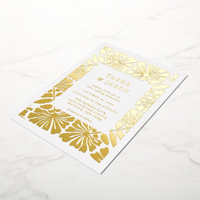 Invitación Con Relieve Metalizado Boda de marco de patrón floral retro (girado)