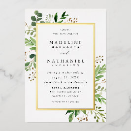 Invitación Con Relieve Metalizado Boda de Marco de Vegetación en Acuarela