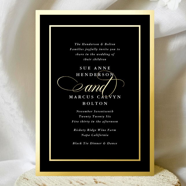 Invitación Con Relieve Metalizado Boda de marco dorado de caligrafía blanca y alta d (Subido por el creador)