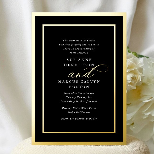 Invitación Con Relieve Metalizado Boda de marco dorado formal clásico de color negro (Subido por el creador)
